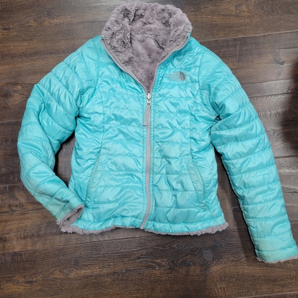Girls The North Face Mossbud swirl reversible jacket Mint Grey Size S 7 8 - Picture 5 of 10